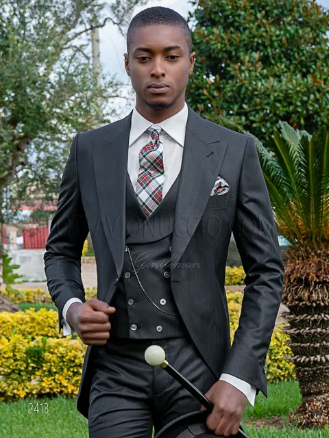 Men's formal groom morning suit, 3-piece in grey wool satin