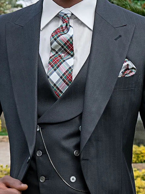 Shawl lapel waistcoat in black pinstripe fabric with burgundy stripe