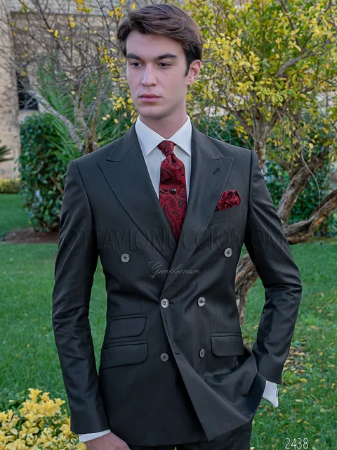Men's black pinstripe double-breasted formal suit with peak lapel