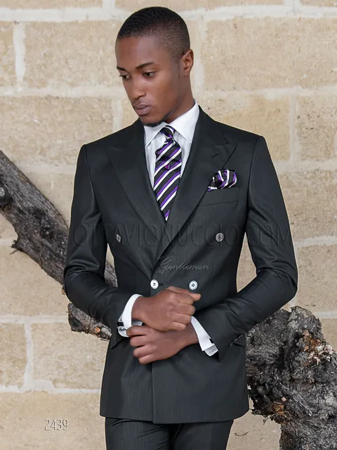 Men's double-breasted formal suit in black pinstripe, peak lapel