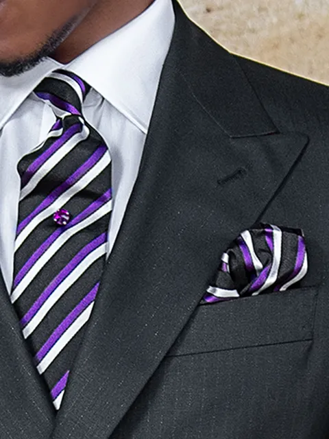 Tie and handkerchief in jacquard silk with purple and black regimental stripes