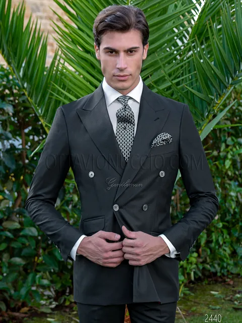 Groom suit in vintage black stripes, double-breasted with peak lapel