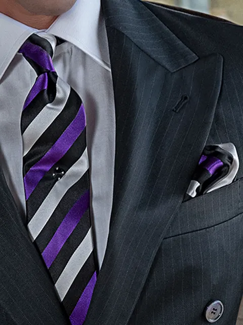 Tie and Handkerchief in purple striped silk