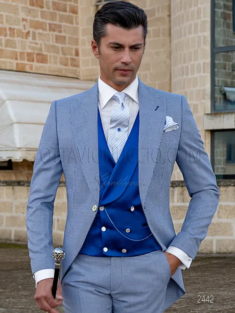 Modern morning suit in royal blue houndstooth, electric blue waistcoat