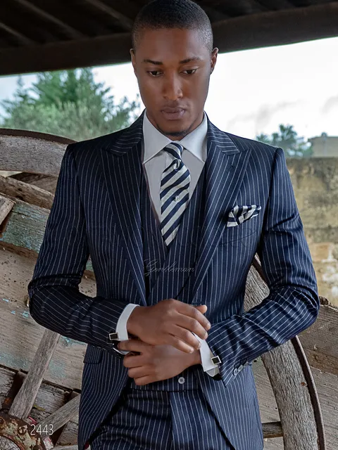 3-piece fashion groom suit in blue pinstripe