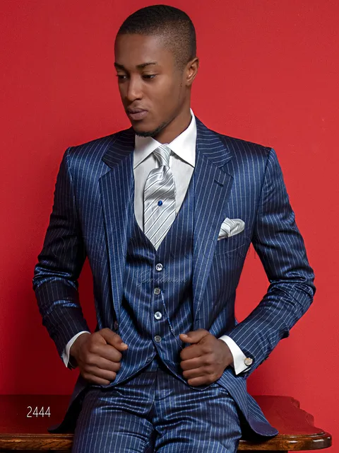 3-piece fashion groom suit in royal blue pinstripe
