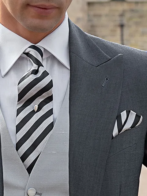Striped Silk Tie and Handkerchief Set in Black and Grey