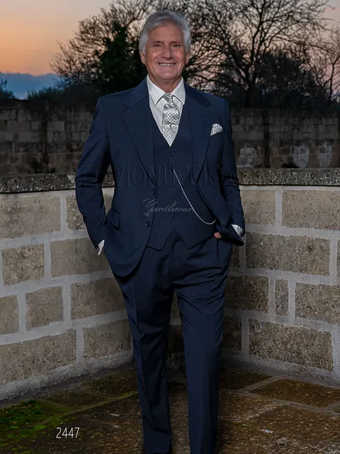 3-piece men's formal suit in blue pinstripe wool blend