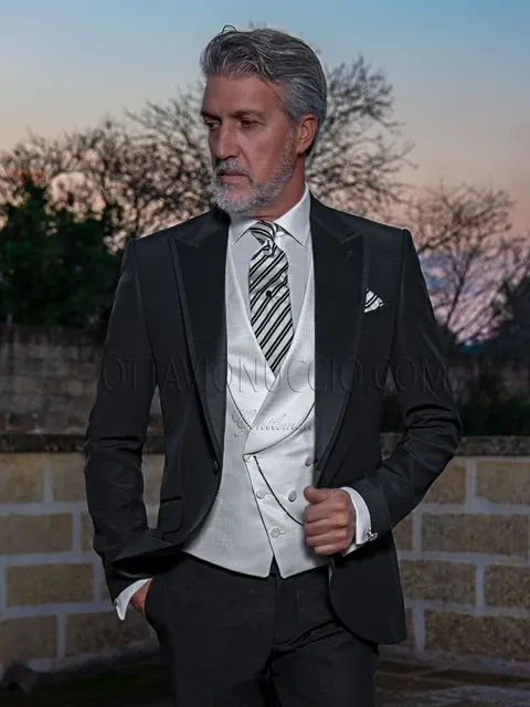 Fashion groom suit in black wool blend, white double-breasted waistcoat