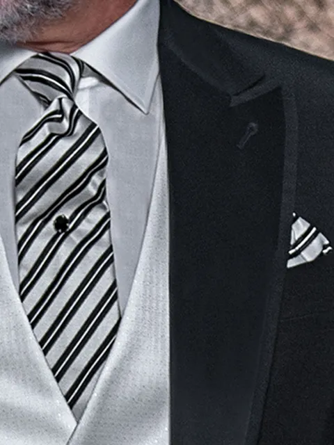 Tie with Handkerchief in silk with grey and black stripes