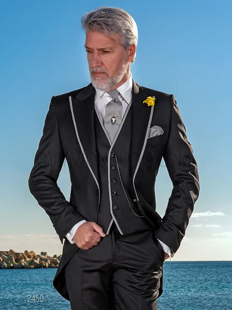 Modern groom morning suit in black wool, houndstooth piping