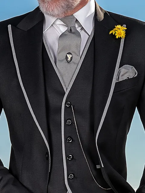 Waistcoat in black wool with houndstooth edging