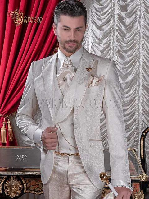 Groom suit in beige damask silk blend, baroque style