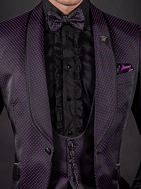 Waistcoat black with purple polka dots and covered buttons