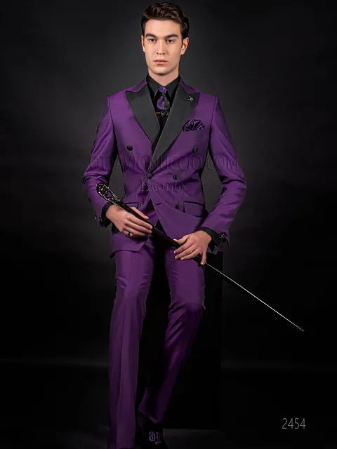 Modern double-breasted tuxedo in purple, black satin lapel