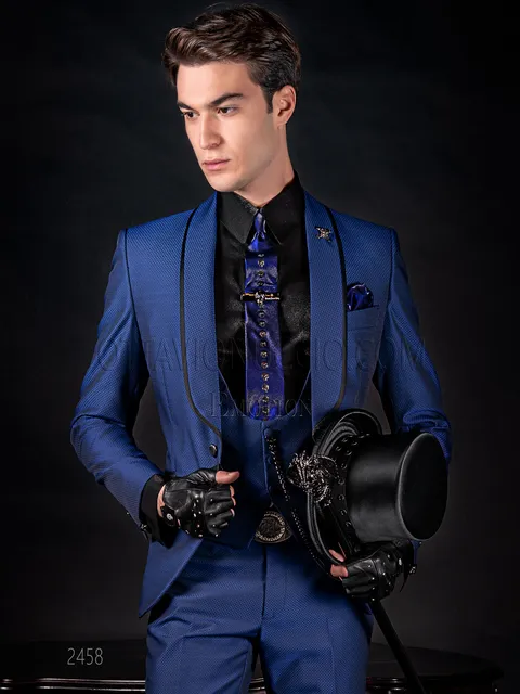 Vestito sposo particolare in jacquard blu royal rever sciallato