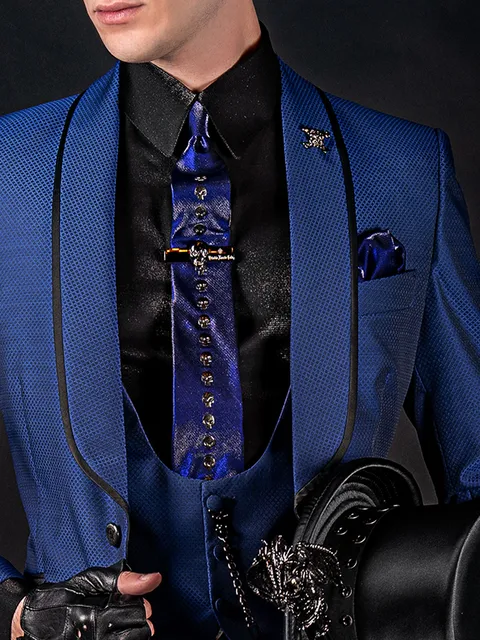 Waistcoat royal blue with black micro-patterns and shawl collar