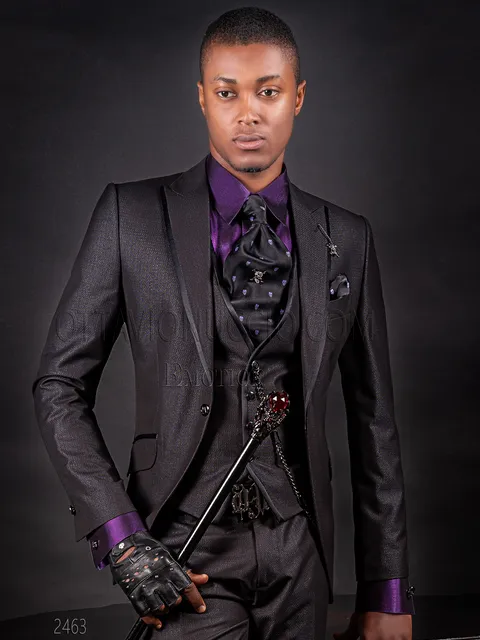 Modern black groom suit in jacquard, satin trim on the lapel