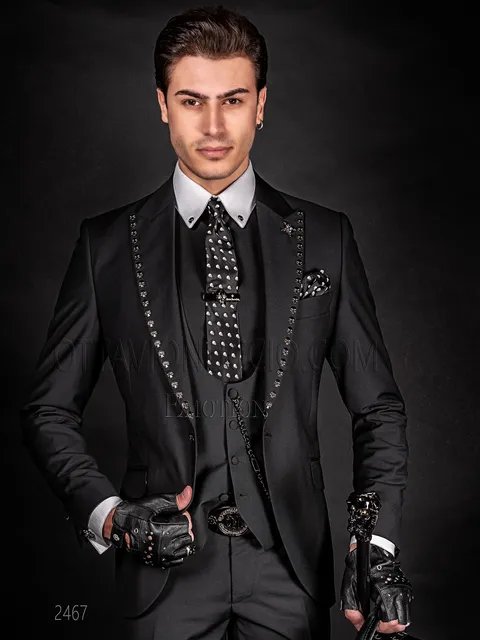 Black steampunk groom suit with metal skull appliqués