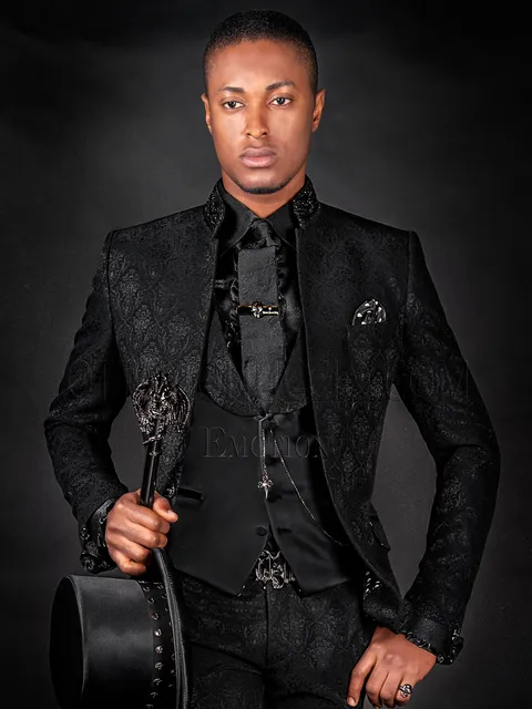 Abito sposo collo coreano gotico jacquard nero con cristalli