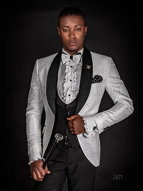 Men's modern groom tuxedo with shawl lapel in white and black