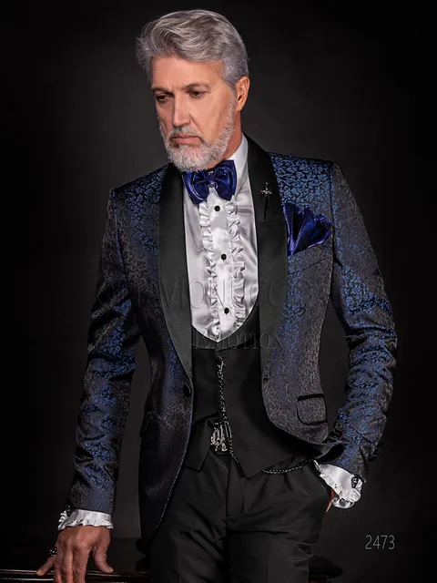 Blue damask tuxedo jacket for a modern men's wedding