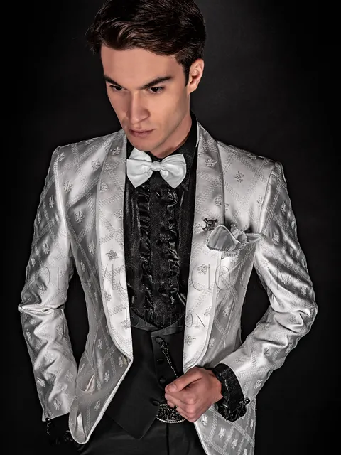 Men's embroidered white satin jacket, black trousers and waistcoat
