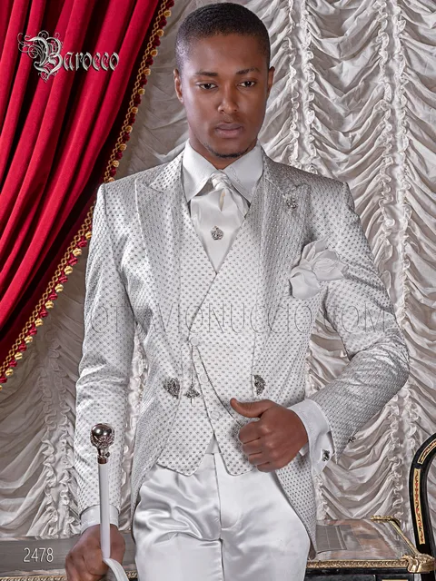 Men's baroque groom formal suit in embroidered white satin
