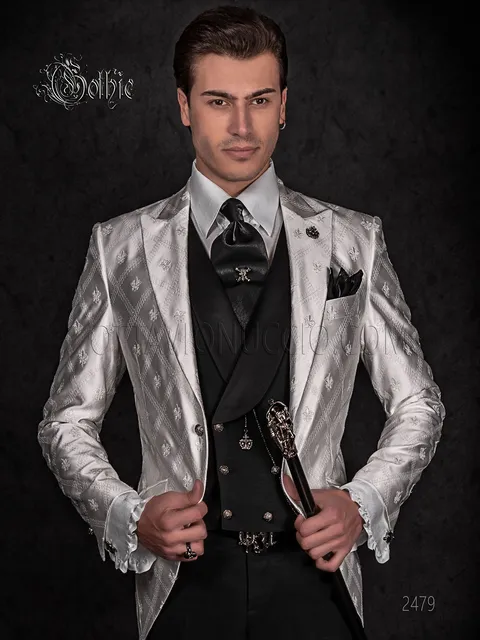 Men's gothic jacket in embroidered white satin, black trousers and waistcoat