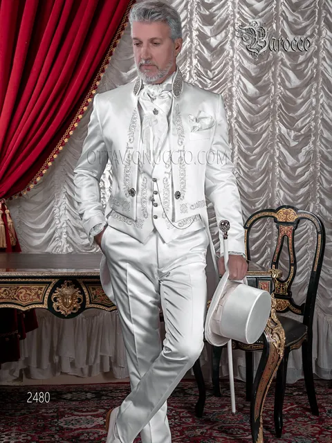 Men's baroque-inspired tailcoat in white satin with silver embroidery and rhinestones