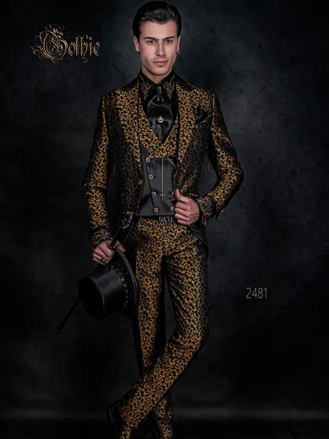 Gothic style groom suit in black and gold damask fabric