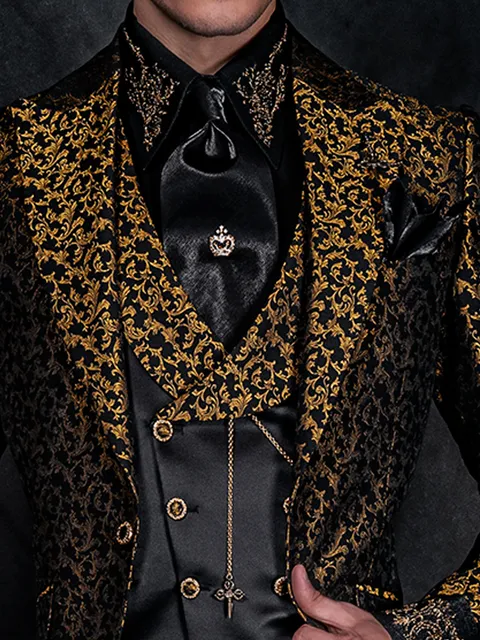 Double-breasted waistcoat in black satin, with shawl lapel in damask fabric