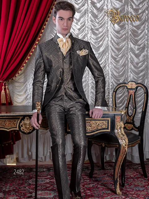 Baroque groom suit in grey and gold brocade with Napoleone collar