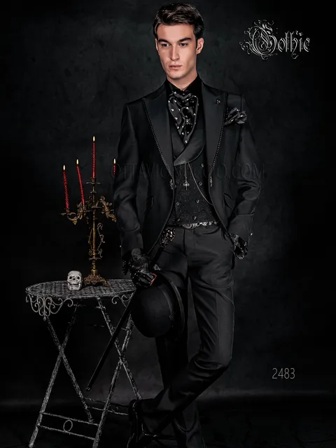 Modern gothic groom suit in black with appliqués on the lapel