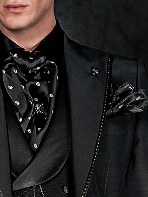 Scarf and Handkerchief Set in Black Patterned Silk