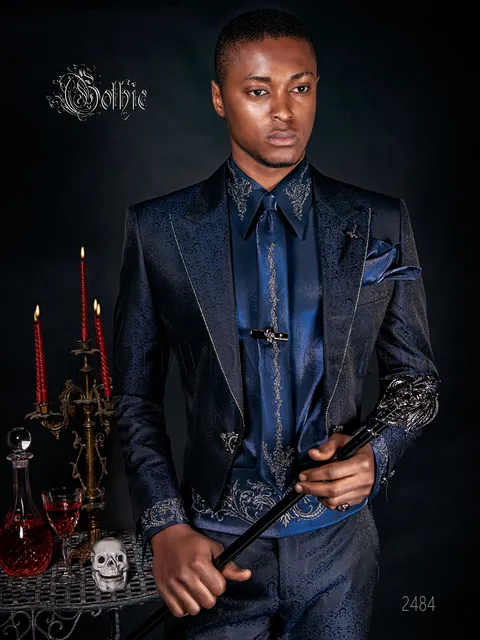 Men's groom tailcoat in blue damask with rhinestones for gothic weddings