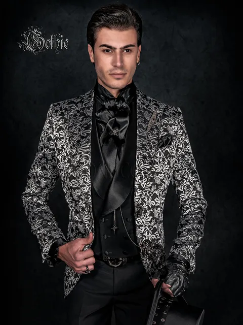 Men's suit in black and silver brocade with rhinestones for gothic ceremonies