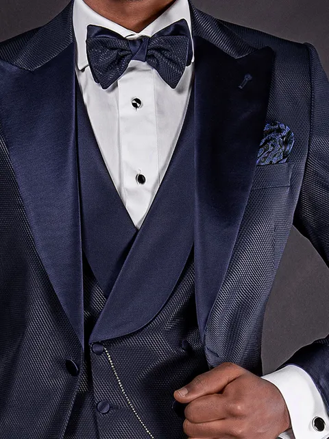 Double-breasted shawl lapel waistcoat in blue with satin lapel