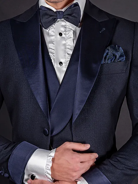 Double-breasted shawl lapel waistcoat in blue with satin lapel