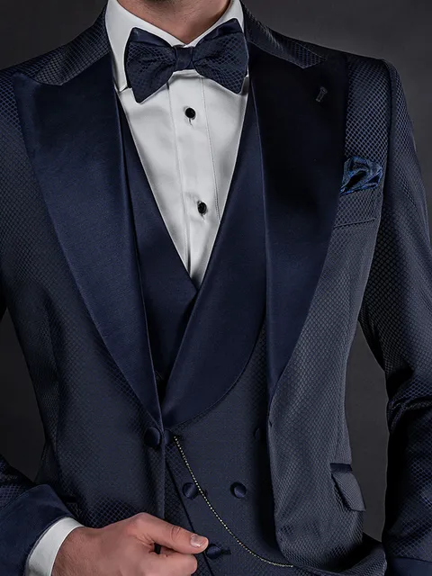 Asymmetric double-breasted shawl lapel waistcoat in blue with satin lapel