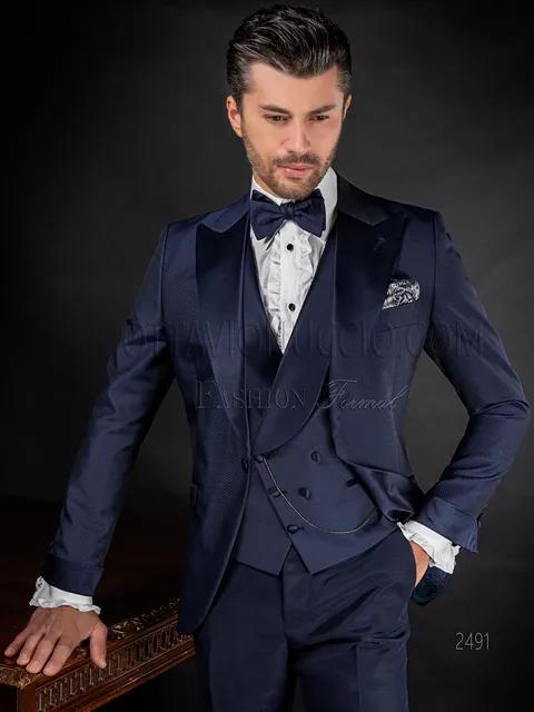 Abito moda sposo fashion uomo blu con contrasti in raso