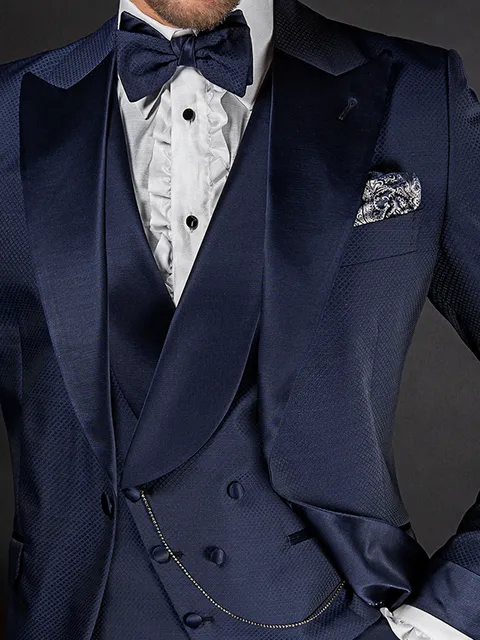 Asymmetric double-breasted shawl lapel waistcoat in blue jacquard with satin lapel
