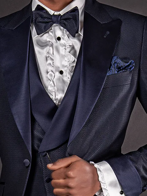 Double-breasted shawl lapel waistcoat in blue with satin lapel