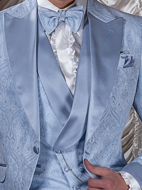 Waistcoat asymmetric double-breasted shawl lapel in light blue damask jacquard fabric and satin lapel