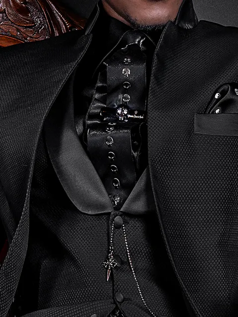 Black waistcoat with black micro patterns and shawl collar