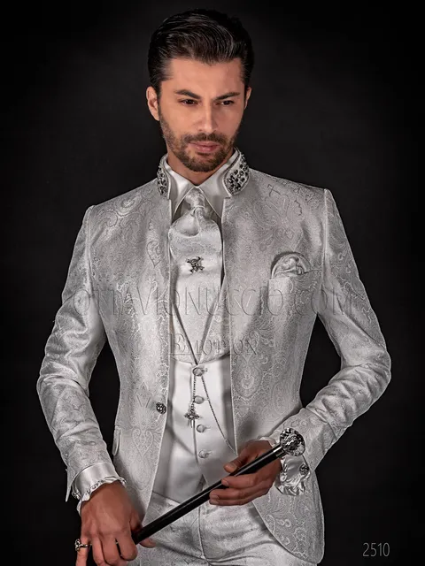 Mandarin collar groom suit in white damask with satin waistcoat