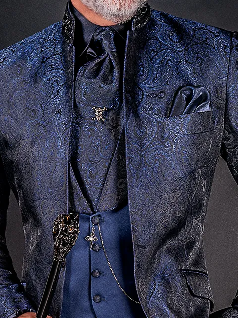Waistcoat shawl collar in blue satin with damask lapel