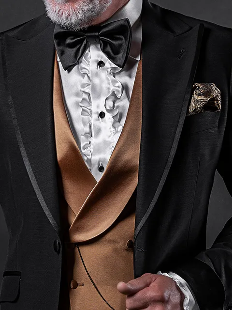 Double-breasted shawl lapel waistcoat in gold with satin lapel
