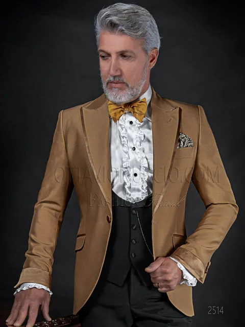 Men's fashion suit in gold with black trousers and waistcoat