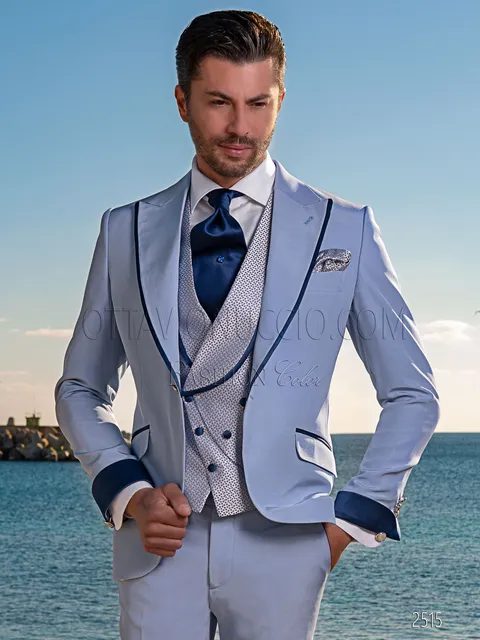 Men's fashion suit in light blue wool blend with blue contrasts